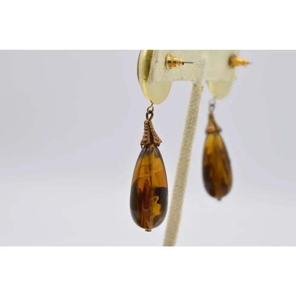 Vintage Dangle Earrings Lucite Marbled Brown Tortoise Chunky 1980s 9L